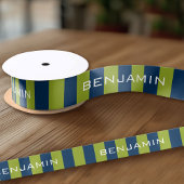 Navy Blue en Lime Green Rugby Stripes Custom Name Satijnen Lint