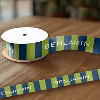 Navy Blue en Lime Green Rugby Stripes Custom Name Satijnen Lint