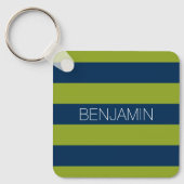 Navy Blue en Lime Green Rugby Stripes Custom Name Sleutelhanger (Voorkant)