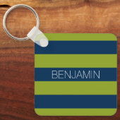 Navy Blue en Lime Green Rugby Stripes Custom Name Sleutelhanger (Voorkant)