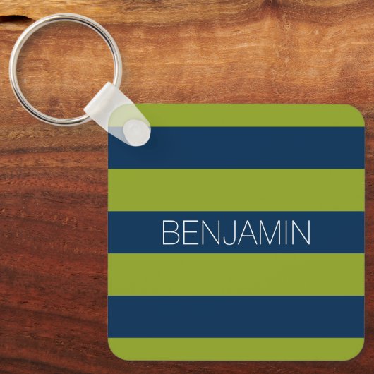 Navy Blue en Lime Green Rugby Stripes Custom Name Sleutelhanger (Voorkant)