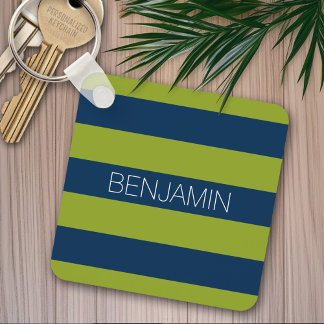 Navy Blue en Lime Green Rugby Stripes Custom Name Sleutelhanger