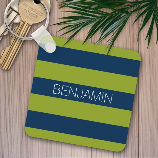 Navy Blue en Lime Green Rugby Stripes Custom Name Sleutelhanger