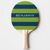 Navy Blue en Lime Green Rugby Stripes Custom Name Tafeltennisbatje (Voorkant)