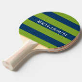 Navy Blue en Lime Green Rugby Stripes Custom Name Tafeltennisbatje (Voorkant Gekanteld)