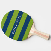 Navy Blue en Lime Green Rugby Stripes Custom Name Tafeltennisbatje (Zijkant)