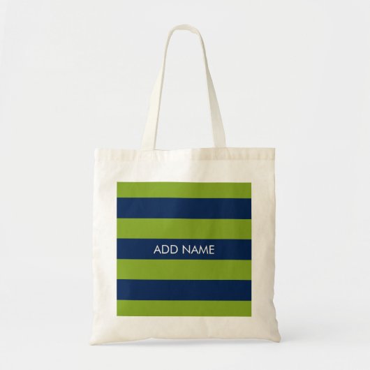 Navy Blue en Lime Green Rugby Stripes Custom Name Tote Bag (Voorkant)