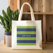 Navy Blue en Lime Green Rugby Stripes Custom Name Tote Bag