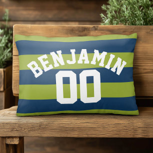 Navy Blue en Lime Green Rugby Stripes Name Number Decoratief Kussen