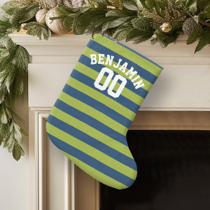 Navy Blue en Lime Green Rugby Stripes Name Number Kleine Kerstsok