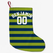 Navy Blue en Lime Green Rugby Stripes Name Number Kleine Kerstsok (Voorkant)