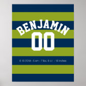 Navy Blue en Lime Green Rugby Stripes Name Number Poster (Voorkant)