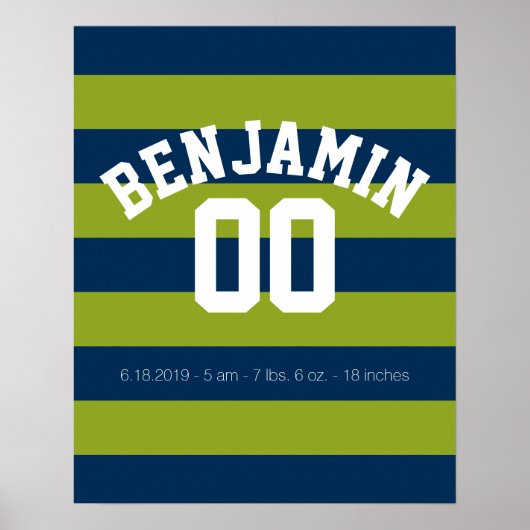 Navy Blue en Lime Green Rugby Stripes Name Number Poster (Voorkant)