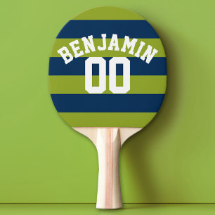 Navy Blue en Lime Green Rugby Stripes Name Number Tafeltennisbatje