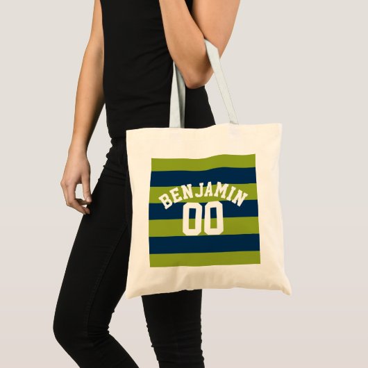 Navy Blue en Lime Green Rugby Stripes Name Number Tote Bag (Voorkant (product))