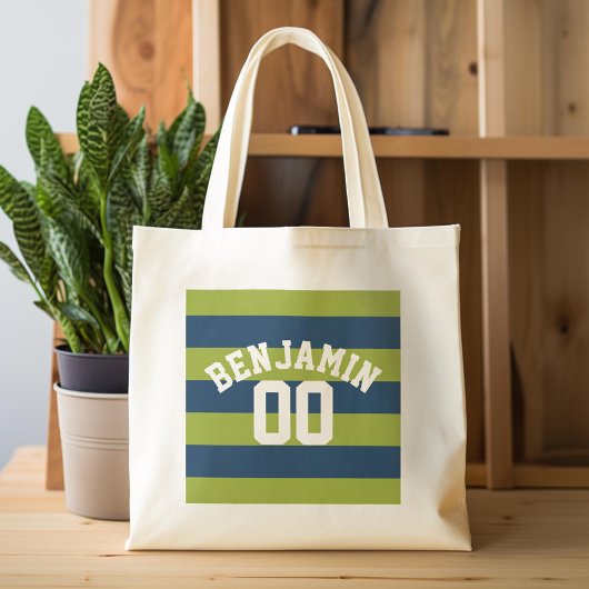 Navy Blue en Lime Green Rugby Stripes Name Number Tote Bag