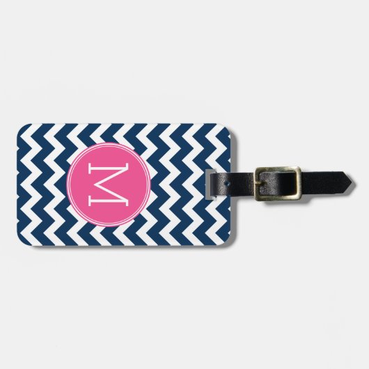 Navy Blue en Magenta Chevrons Custom Monogram Bagagelabel (Voorkant horizontaal)