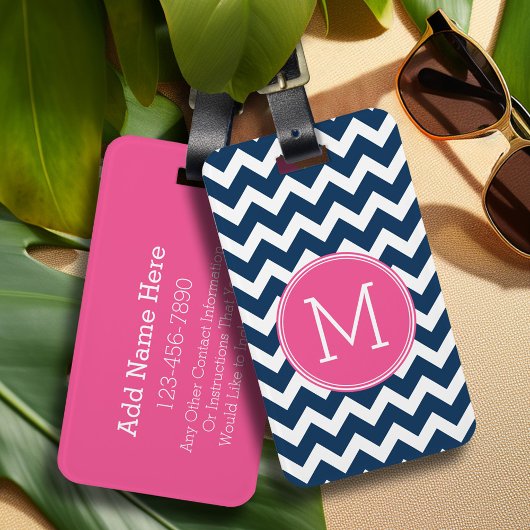 Navy Blue en Magenta Chevrons Custom Monogram Bagagelabel
