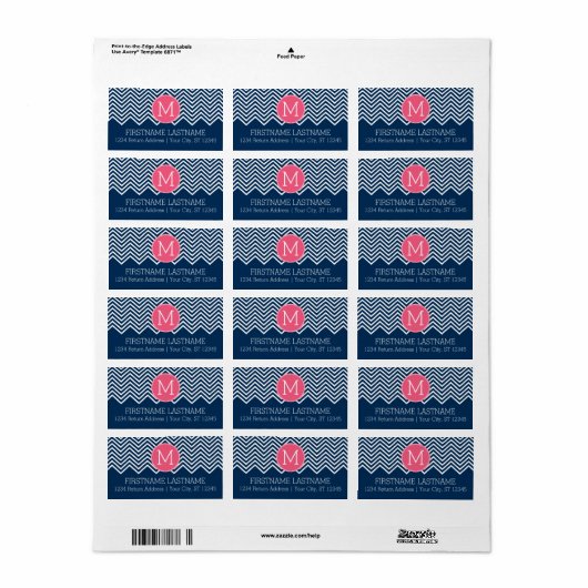 Navy Blue en Magenta Chevrons Custom Monogram Etiket (Full Sheet)