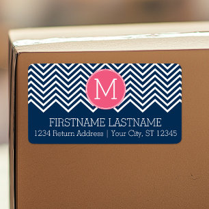 Navy Blue en Magenta Chevrons Custom Monogram Etiket