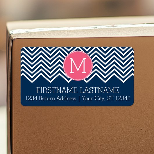 Navy Blue en Magenta Chevrons Custom Monogram Etiket