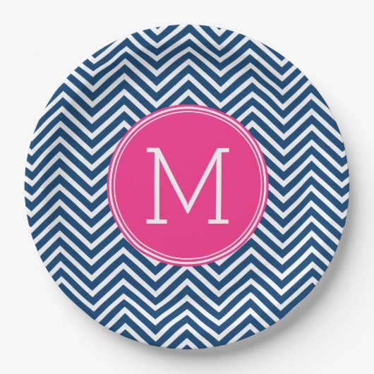 Navy Blue en Magenta Chevrons Custom Monogram Papieren Bordje (Voorkant)