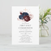 Navy Blue en Maroon Bloemen Heilige Communie Kaart (Staand voorkant)