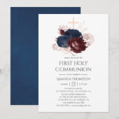 Navy Blue en Maroon Bloemen Heilige Communie Kaart (Voorkant / Achterkant)