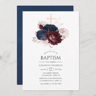 Navy Blue en Maroon Floral Baptism Kaart