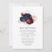 Navy Blue en Maroon Floral Bat Mitzvah Kaart (Voorkant)