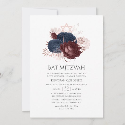 Navy Blue en Maroon Floral Bat Mitzvah Kaart (Voorkant)