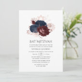 Navy Blue en Maroon Floral Bat Mitzvah Kaart (Staand voorkant)