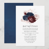 Navy Blue en Maroon Floral Bat Mitzvah Kaart (Voorkant / Achterkant)