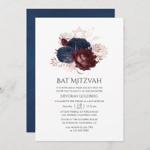 Navy Blue en Maroon Floral Bat Mitzvah Kaart