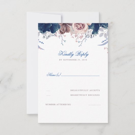 Navy Blue en Mauve Bloemen bruiloft RSVP (Voorkant)