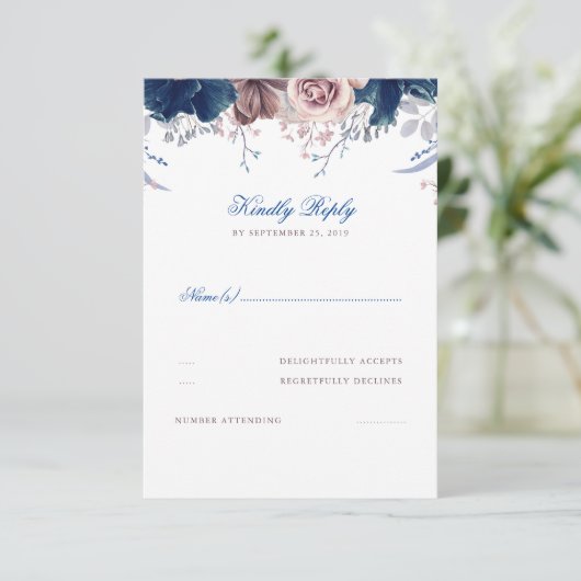 Navy Blue en Mauve Bloemen bruiloft RSVP (Staand voorkant)