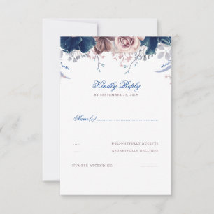 Navy Blue en Mauve Bloemen bruiloft RSVP Kaartje