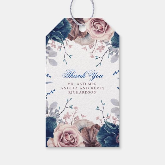 Navy Blue en Mauve Bloemenbruiloft Cadeaulabel (Voorkant)