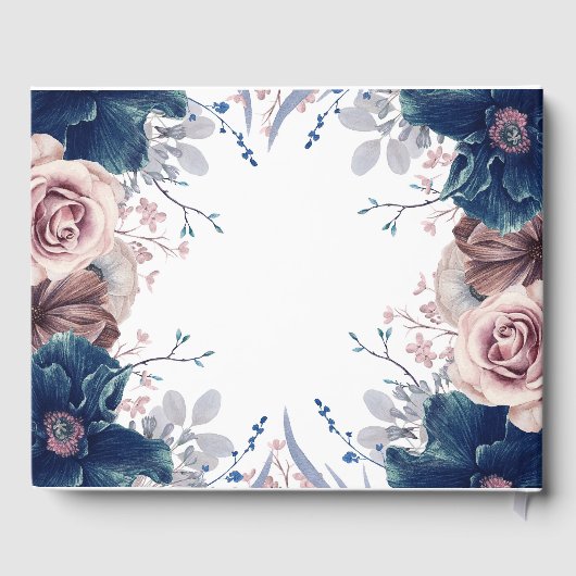 Navy Blue en Mauve Bloemenbruiloft Gastenboek (Achterkant)