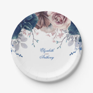 Navy Blue en Mauve Bloemenbruiloft Papieren Bordje