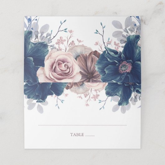 Navy Blue en Mauve Bloemenbruiloft Plaatskaartje (Buitenkant ongevouwen)