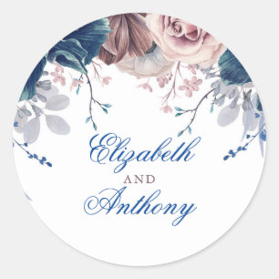 Navy Blue en Mauve Bloemenbruiloft Ronde Sticker