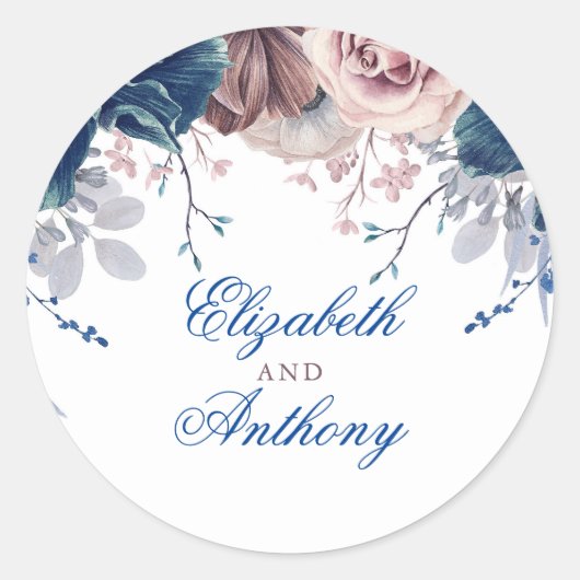 Navy Blue en Mauve Bloemenbruiloft Ronde Sticker (Voorkant)
