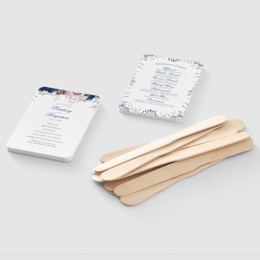 Navy Blue en Mauve Floral bruiloft programma Handwaaier (Niet-gemonteerd)