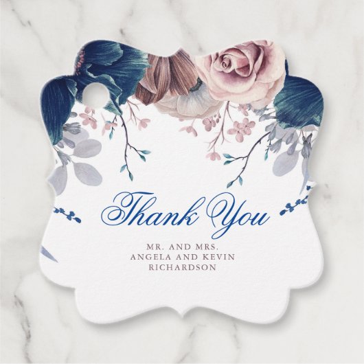 Navy Blue en Mauve Floral Dank u Bedankjes Labels (Voorkant)