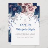 Navy Blue en Mauve Floral Elegant Doopsel Kaart (Voorkant / Achterkant)