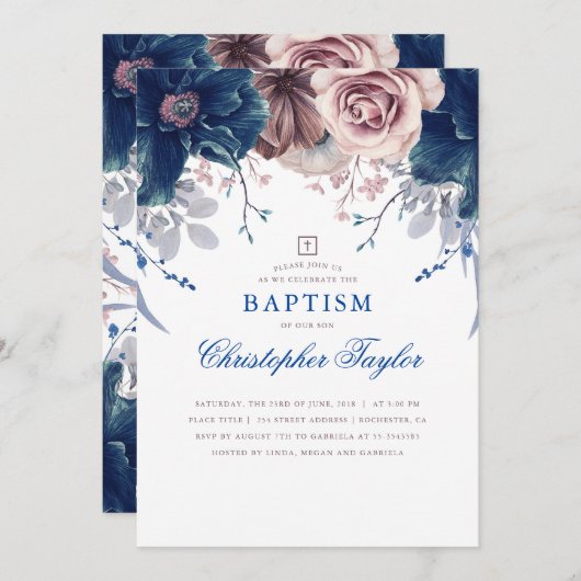 Navy Blue en Mauve Floral Elegant Doopsel Kaart (Voorkant / Achterkant)