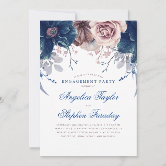 Navy Blue en Mauve Floral Engagement Party Kaart (Voorkant)
