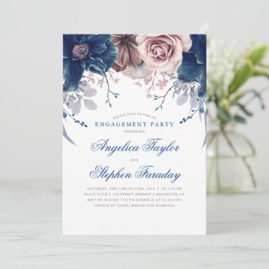 Navy Blue en Mauve Floral Engagement Party Kaart (Staand voorkant)