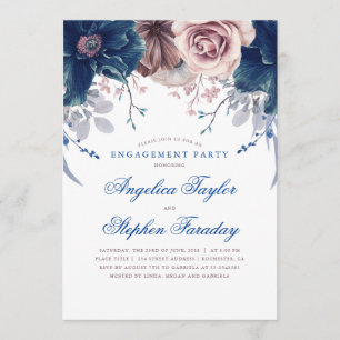 Navy Blue en Mauve Floral Engagement Party Kaart